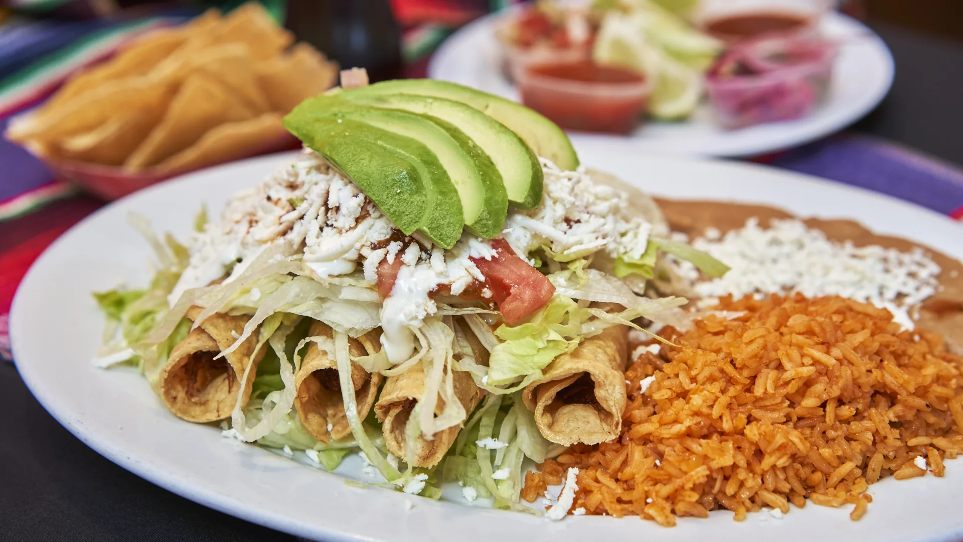 Plate of golden flautas with lettuce, sour cream, fresh cheese, avocado, rice and beans.